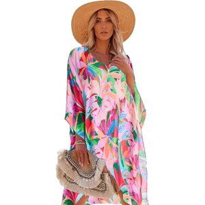 Women's 3 Pink 100% Viscose Kaftan for Bathing Swimsuit Floral Pattern Dress